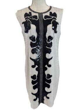 BCBG Beige With Black Sequin Pattern Sleeveless Mini Dress S
